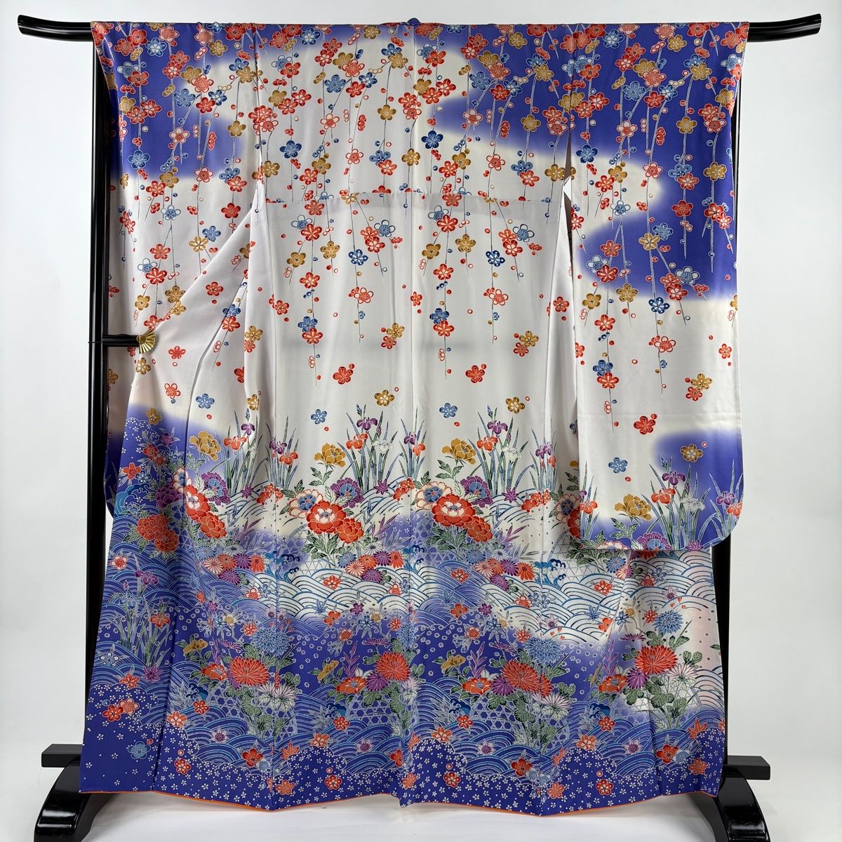 振袖 身丈164 cm 裄丈67 M 袷 草花 波 染め分け 青紫 正絹 名品