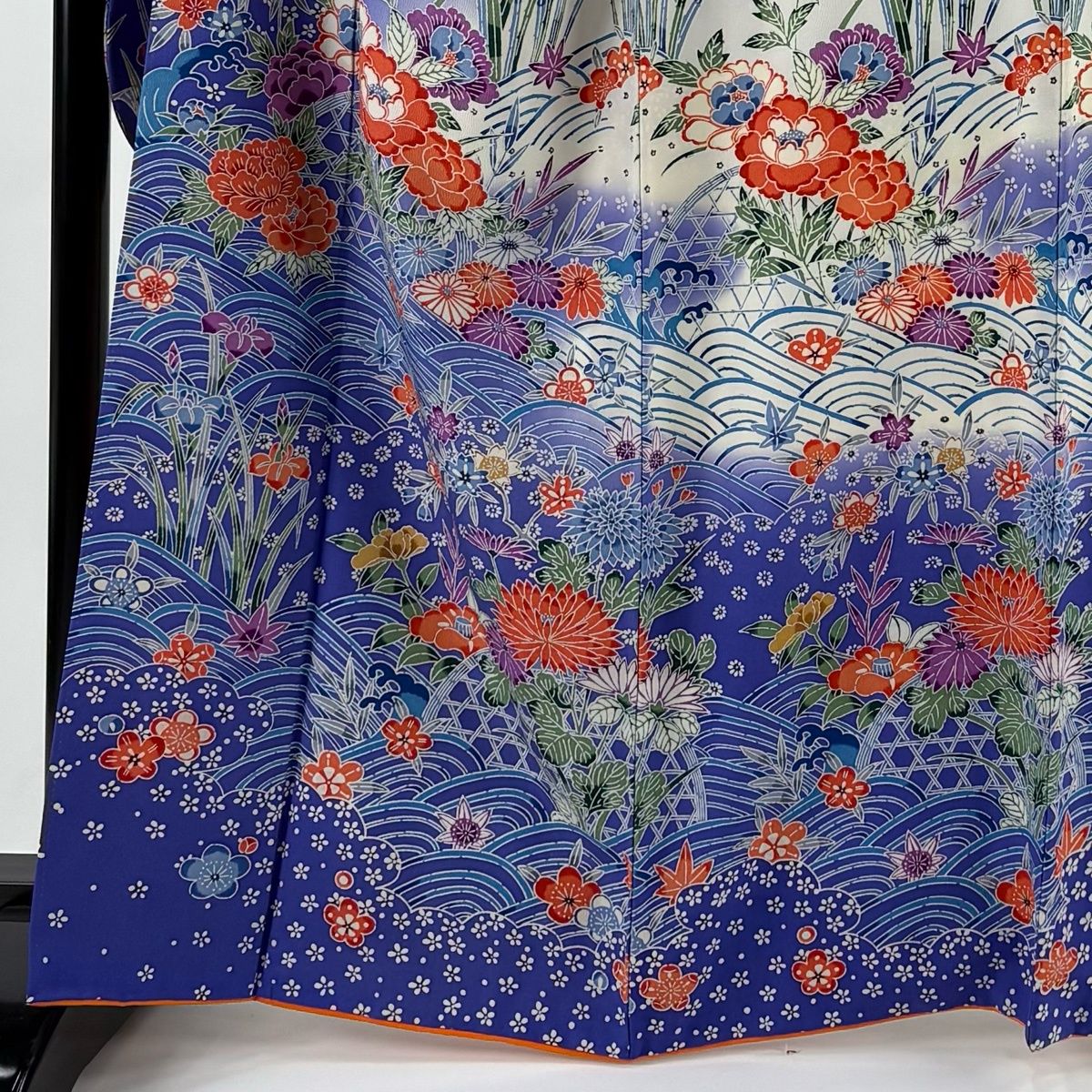 振袖 身丈164 cm 裄丈67 M 袷 草花 波 染め分け 青紫 正絹 名品