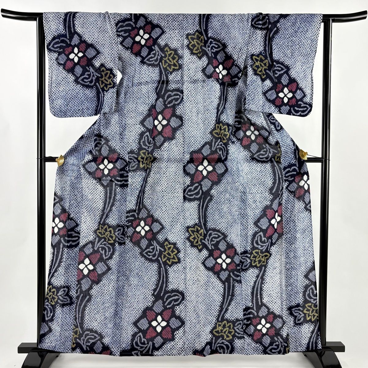 浴衣 身丈162 cm 裄丈63 S 絞り浴衣 草花 紺色 正絹 名品