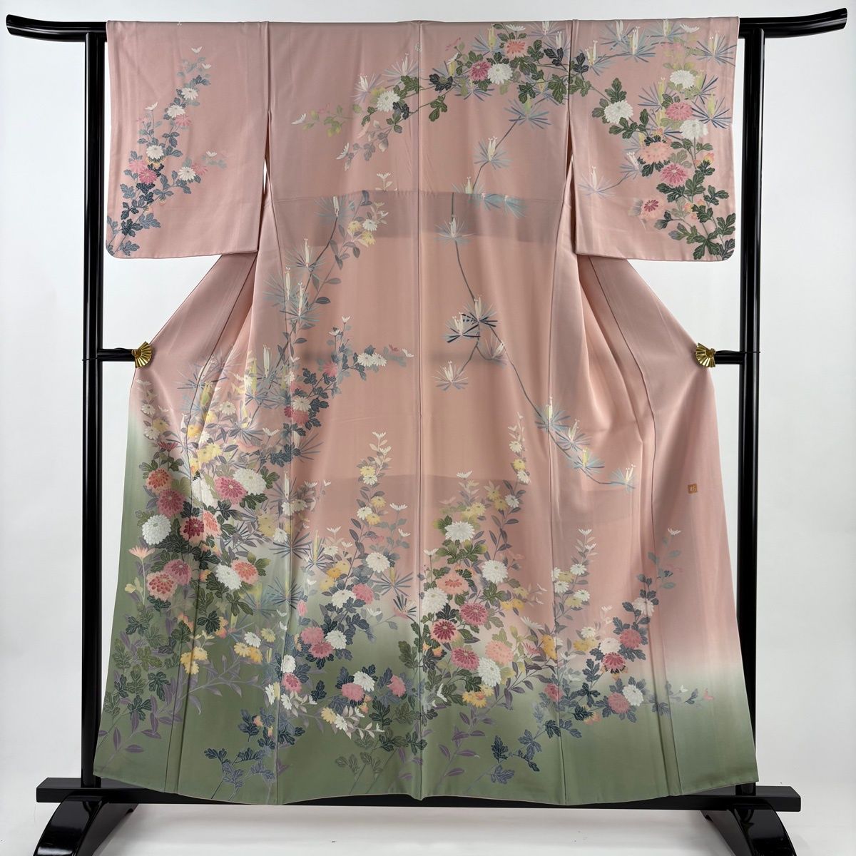 訪問着 身丈156.5 cm 裄丈62 S 袷 落款 菊 若松 染め分け ぼかし ピンク 正絹 名品 一つ紋