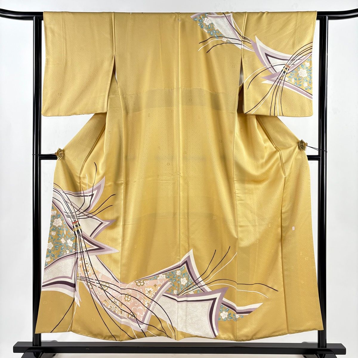 訪問着 身丈154.5 cm 裄丈62 S 袷 吾妻徳穂 落款 花唐草 熨斗 金彩 からし色 正絹 名品 一つ紋