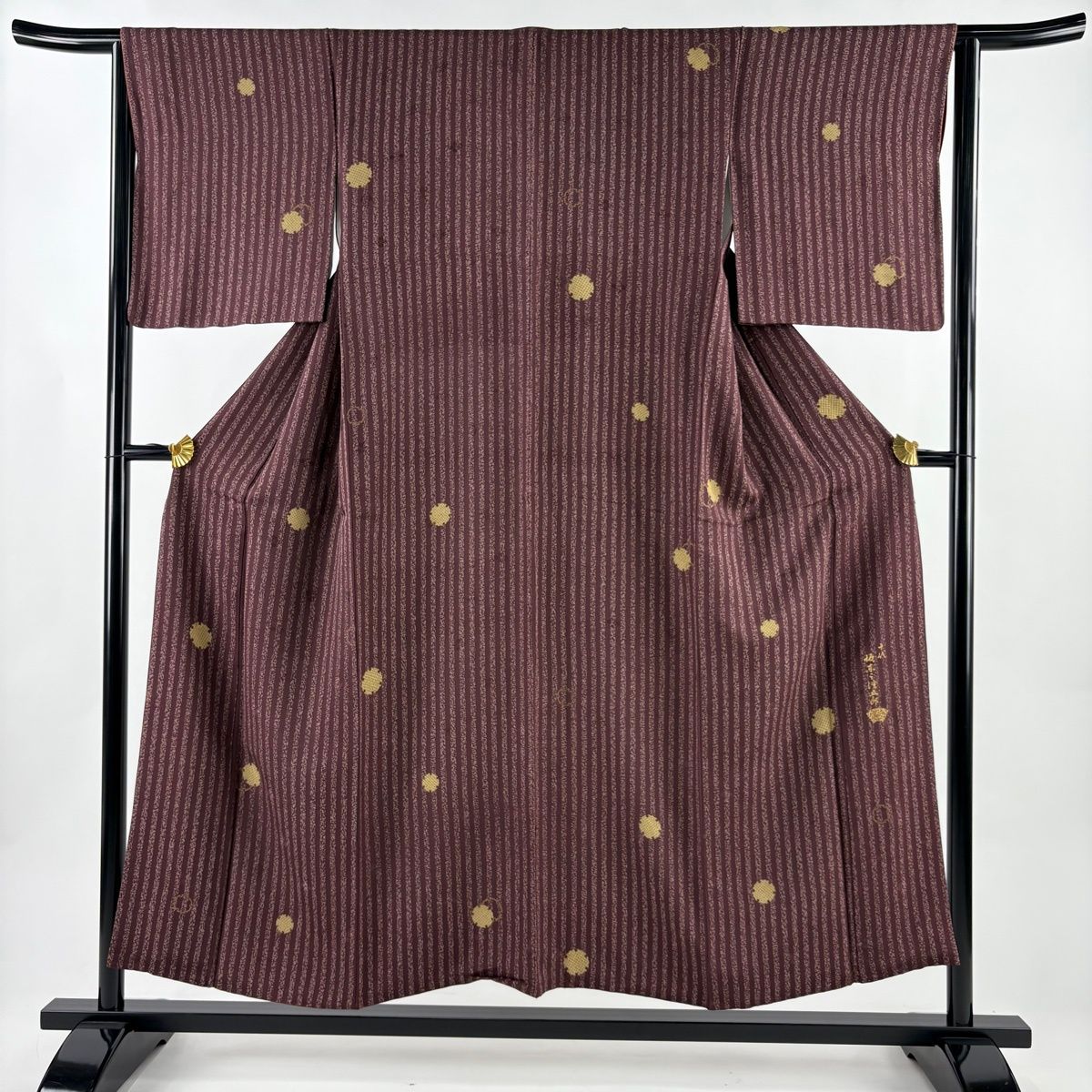 小紋 身丈153 cm 裄丈64.5 M 袷 坂東三津五郎 落款 雪輪 縞 小豆色 正絹