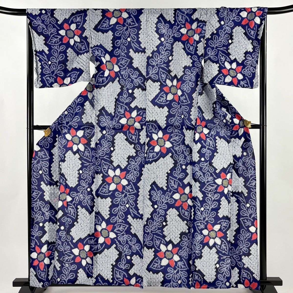 浴衣 身丈160.5cm 裄丈66cm M 絞り浴衣 草花 幾何学模様 青紫 正絹