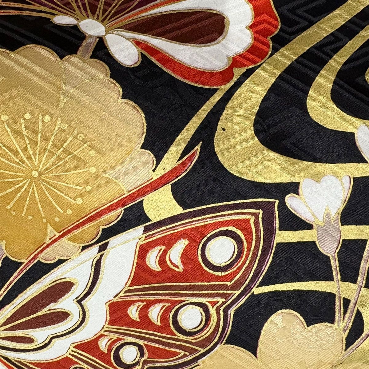  振袖 身丈170.5 cm 裄丈67 M 袷 蝶 枝垂れ桜 金彩 黒 正絹 名品 振袖 着物