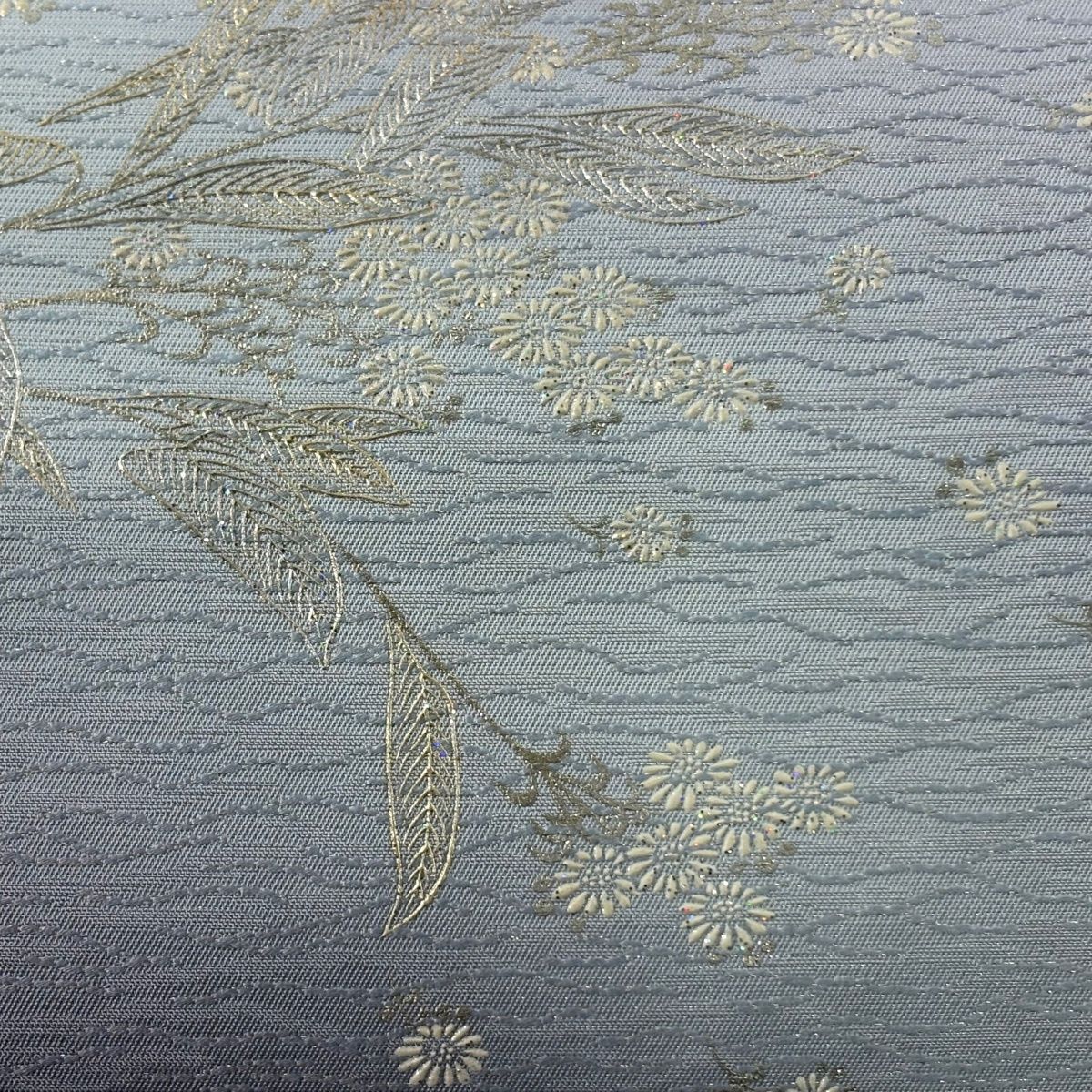 美品】 袋帯 逸品 和田光正 落款 ラメ 草花 銀糸 銀彩 青灰色 お太鼓柄