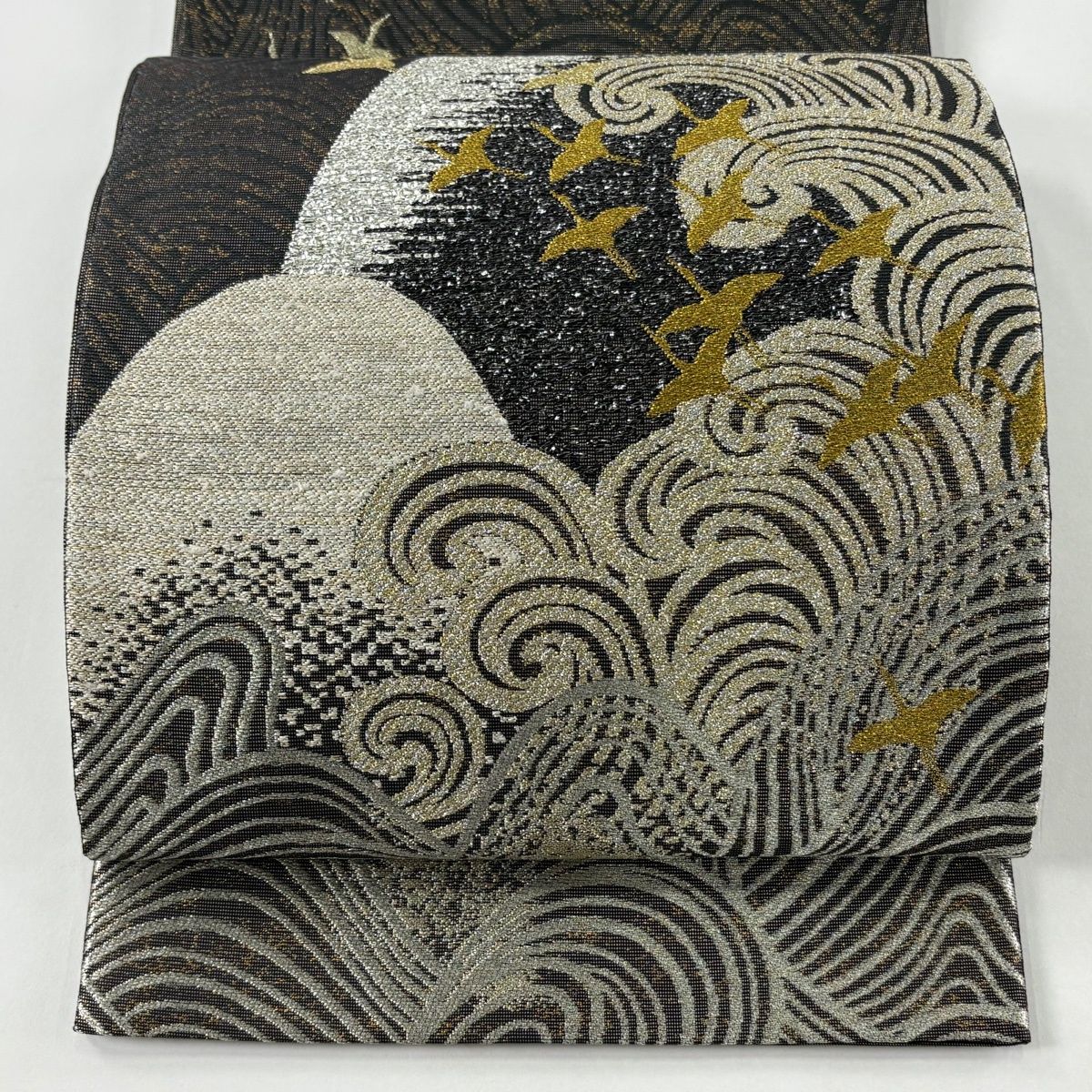 美品】 袋帯 逸品 誉田屋源兵衛 落款 銀鱗波 鶴 波頭 金糸 箔 焦茶色