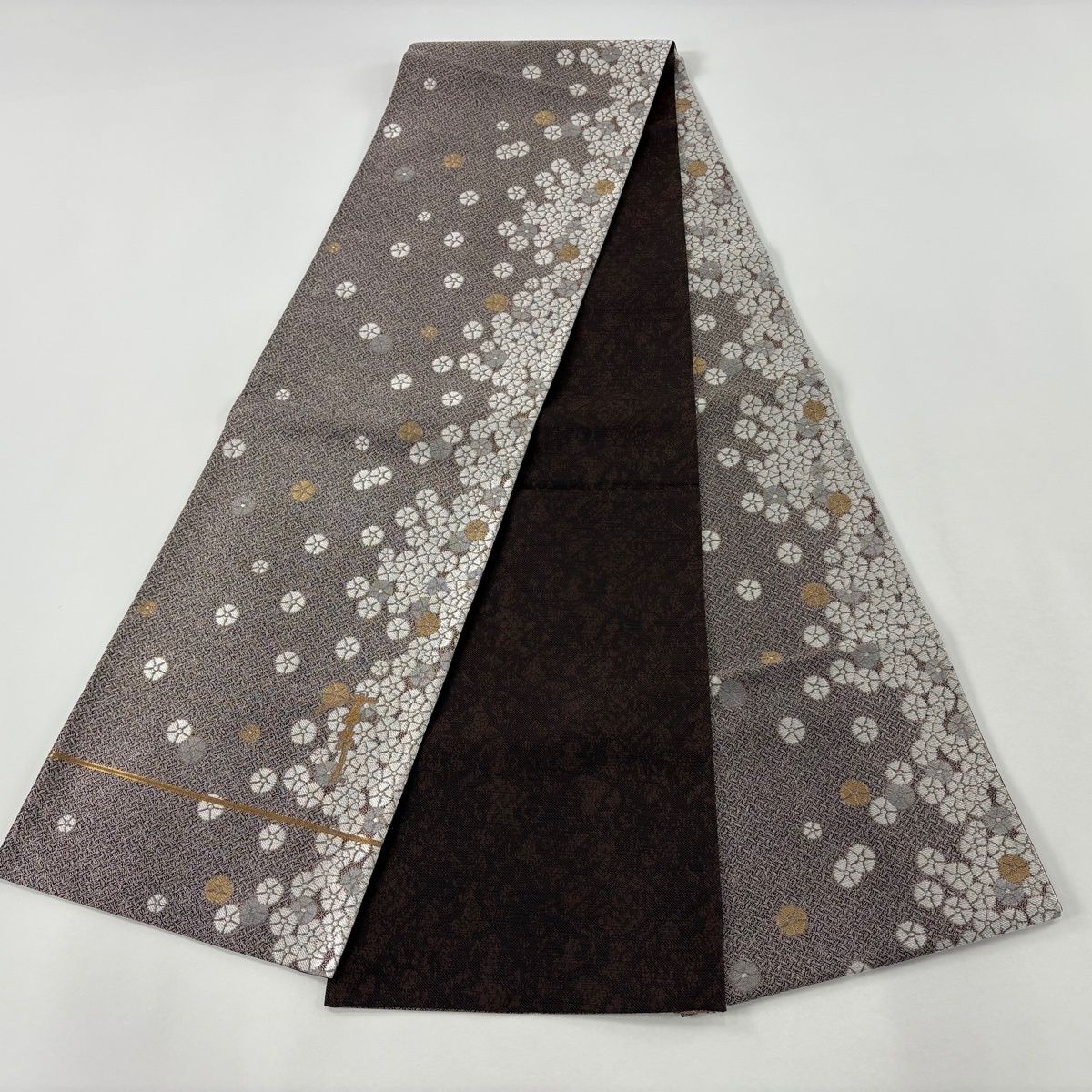 美品】 袋帯 逸品 斉藤上太郎 落款 やまと 花 金銀糸 薄小豆 全通 正絹