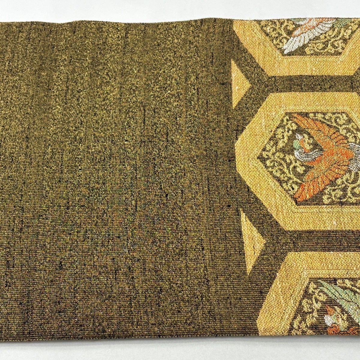 美品】 袋帯 逸品 桝屋高尾 落款 ねん金綴錦 亀甲鳳凰文 亀甲 花鳥 金