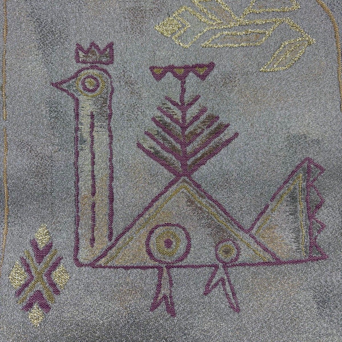 美品】 袋帯 逸品 帝王紫 落款 鳥 幾何学 金糸 箔 灰紫 六通 正絹