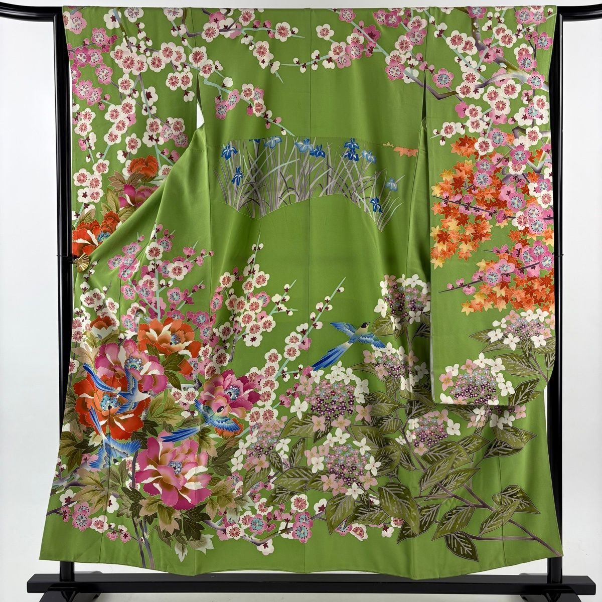 振袖 身丈154 cm 裄丈65 M 袷 稲手明仁 加賀友禅 落款 枝梅 花鳥 よもぎ色 正絹