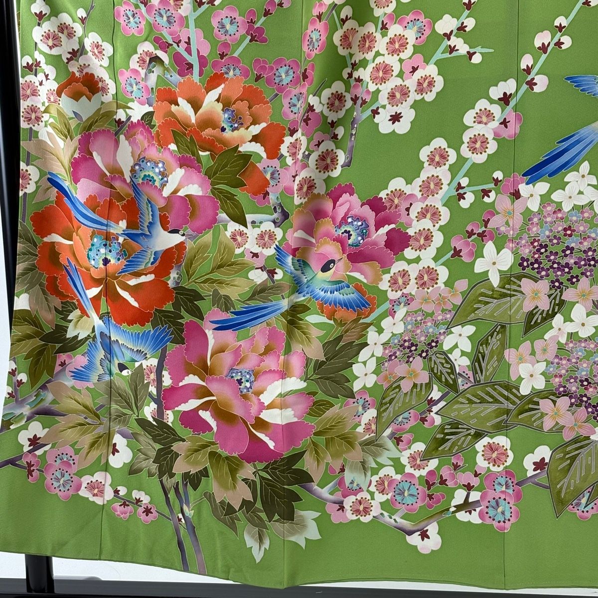 振袖 身丈154 cm 裄丈65 M 袷 稲手明仁 加賀友禅 落款 枝梅 花鳥 よもぎ色 正絹