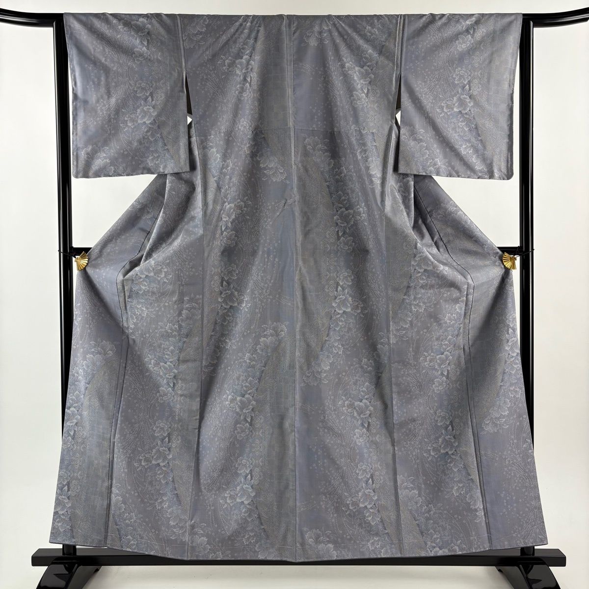 美品】 大島紬 身丈159.5cm 裄丈63.5cm S 袷 都喜ヱ門 証紙 草花 市松