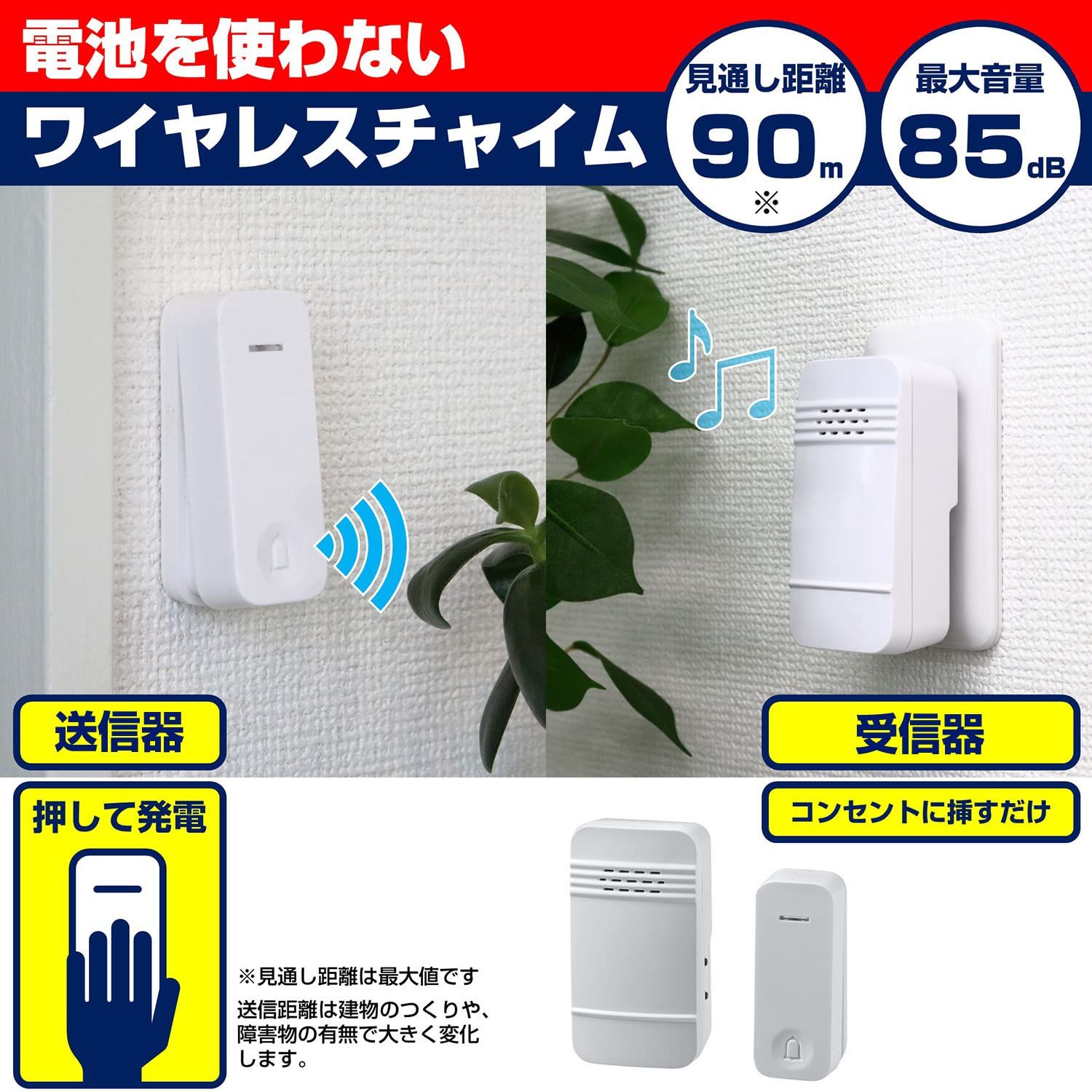 エルパ ELPA 電池の心配がいらない ワイヤレスチャイム WC-S 6040 AC チャイム|呼び鈴|防犯|工事不要 受信機 防雨ボタン セット