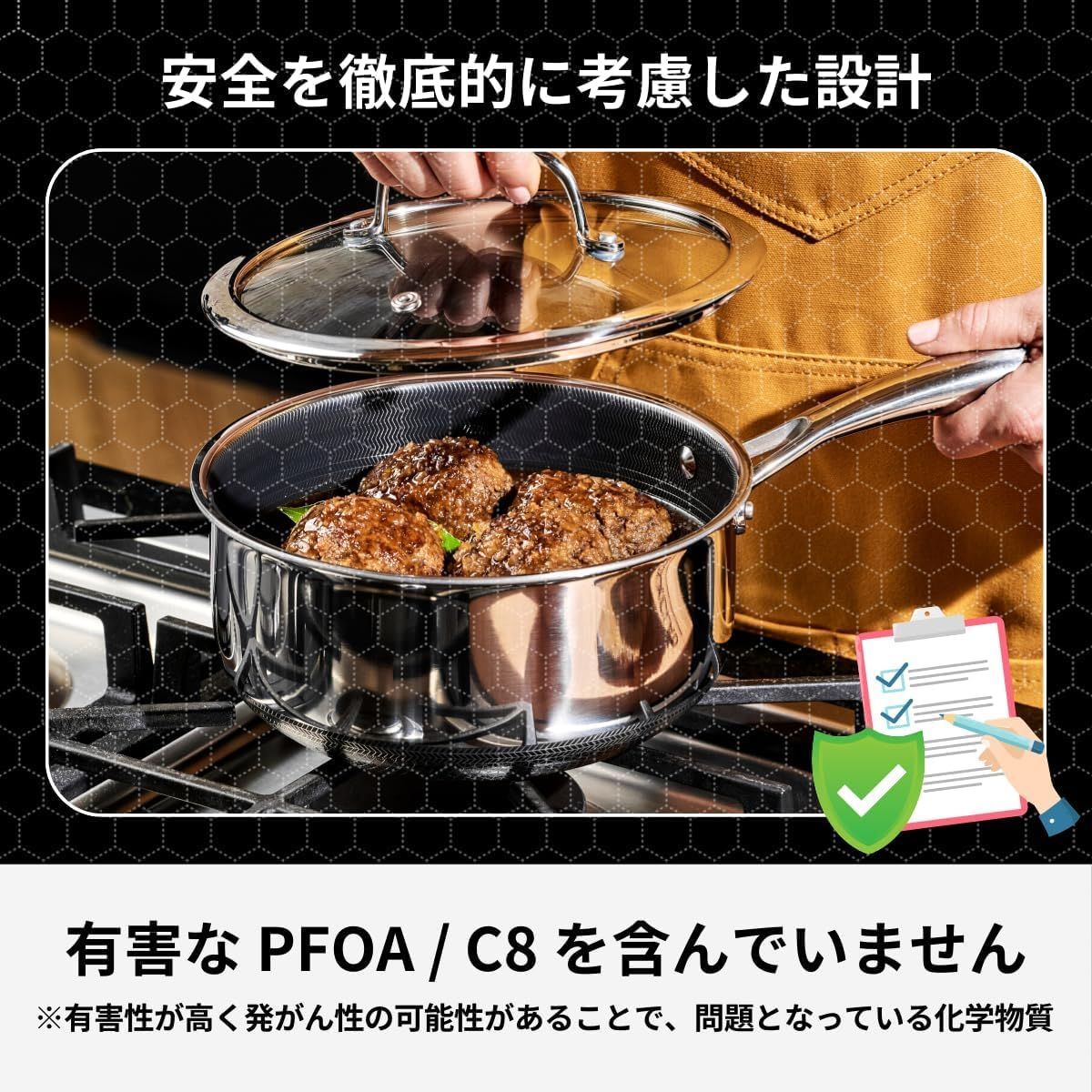HexClad ハイブリッド ノンスティック 片手鍋 18 cm 1 9 L 焦げ付き防止加工 IH オーブン 食洗器 対応 メーカー直販 付き ヘックスクラッド 強化ガラス 蓋付き クッキングシート 泡立て器