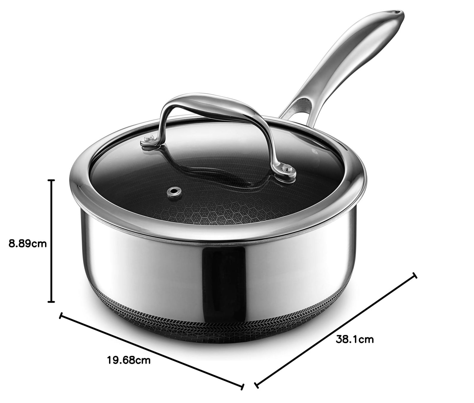 HexClad ハイブリッド ノンスティック 片手鍋 18 cm 1.9 L 焦げ付き防止加工 IH オーブン 食洗器 対応 メーカー直販 付き ヘックスクラッド 強化ガラス 蓋付き