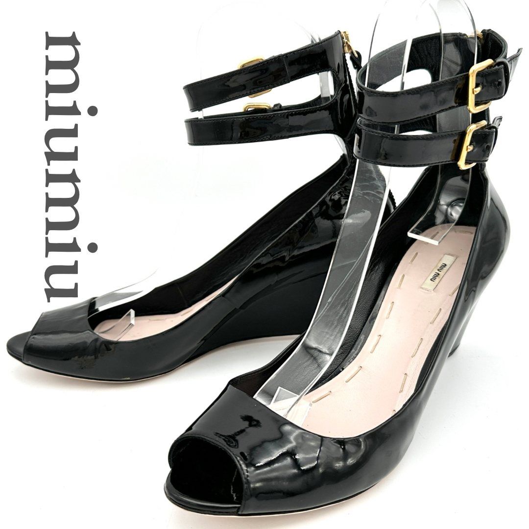 Aka⭐️miumiu ミュウミュウ エナメルパンプス miumiu パンプス エナメル バックファスナー アンクルストラップ
