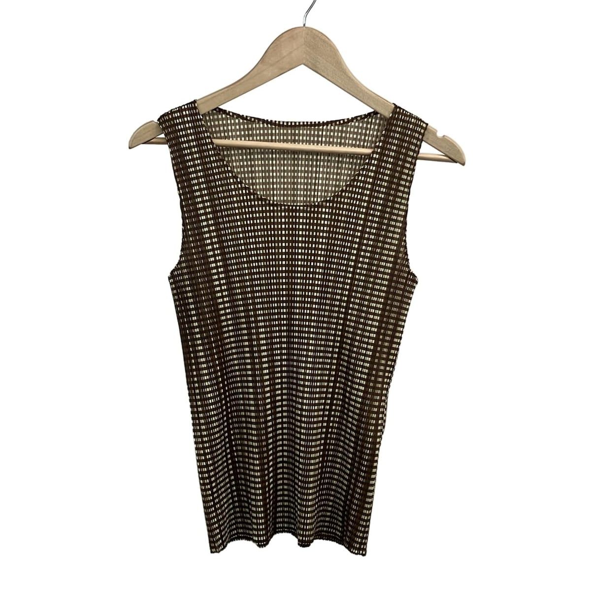 プリーツプリーズ ノースリーブカットソー サイズF レディース アイボリー ブラウン カーキ クルーネック プリーツ チェック柄