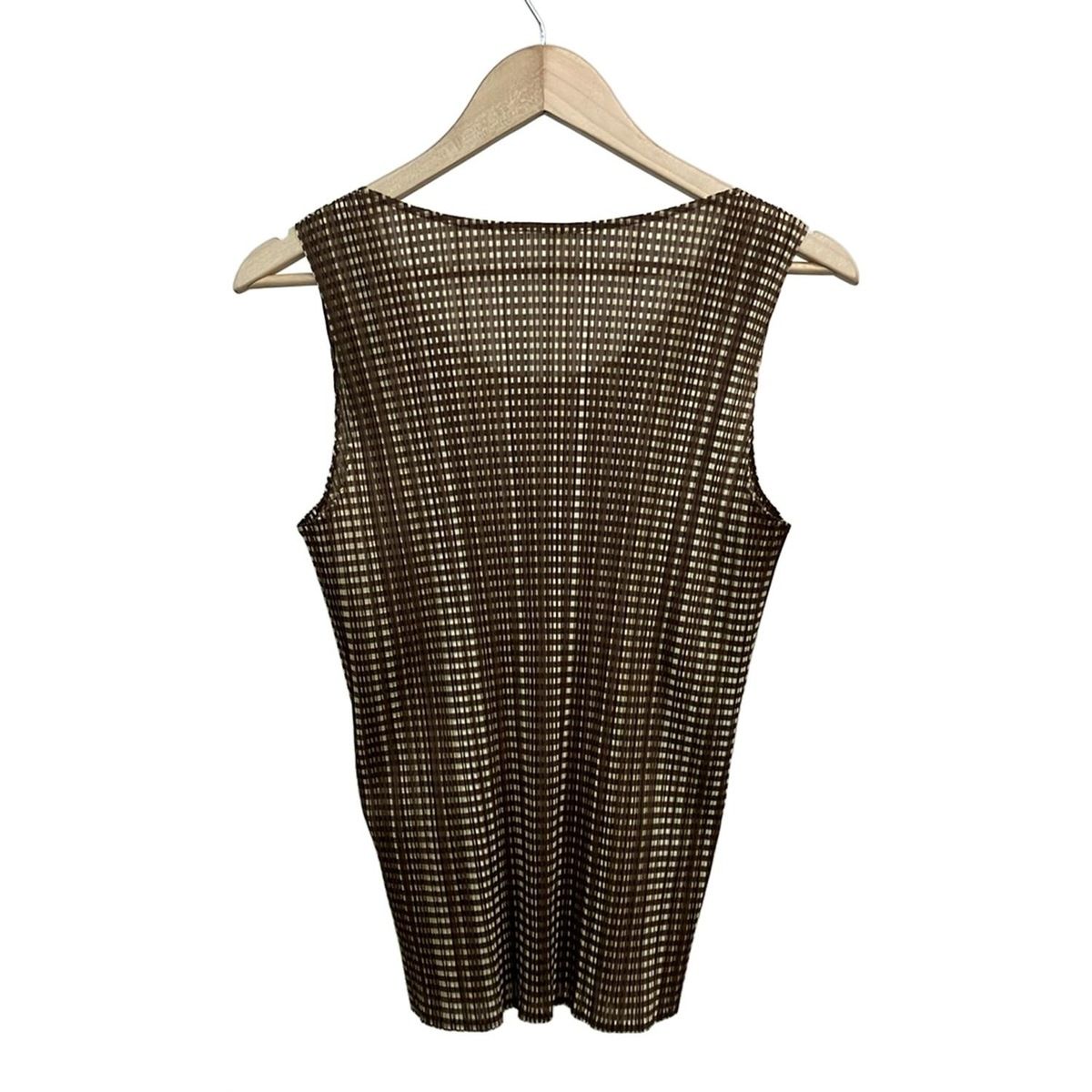 プリーツプリーズ ノースリーブカットソー サイズF レディース - アイボリー×ブラウン×カーキ クルーネック プリーツ チェック柄