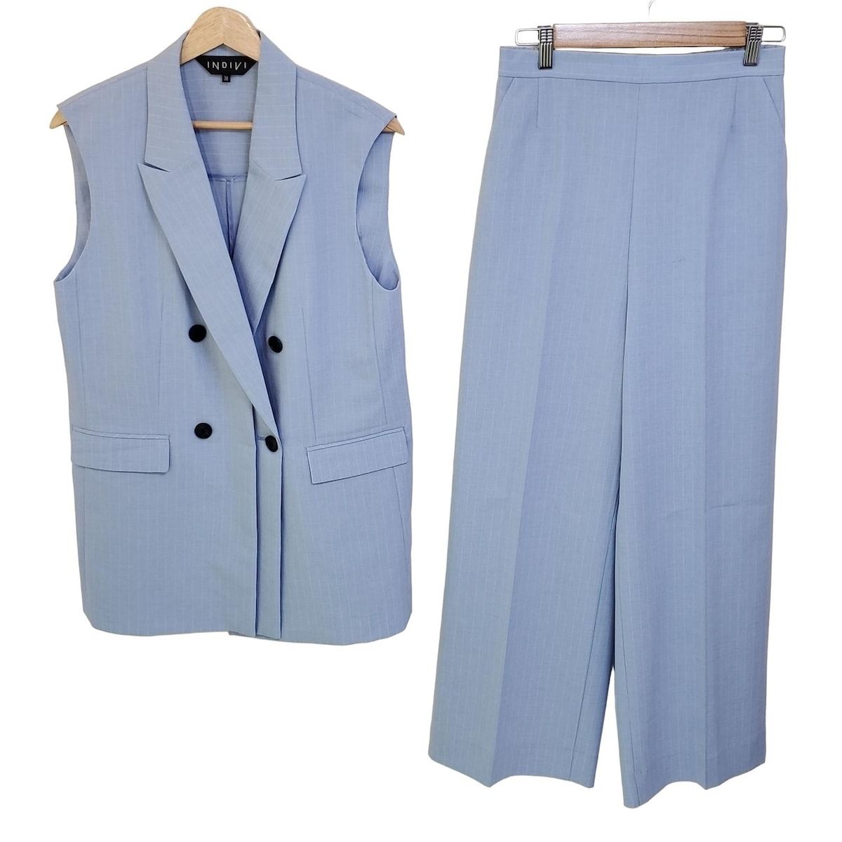 INDIVI インディビ レディースパンツセットアップ レディース ライトブルー ストライプ 3点セット