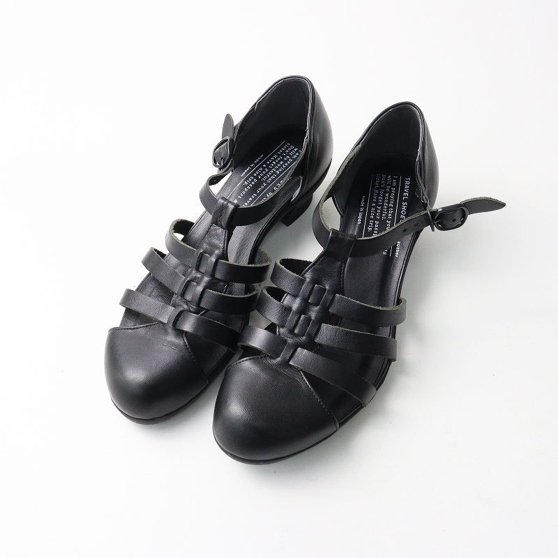トラベルシューズ バイ ショセ TRAVEL SHOES by chausser レザー ストラップ ヒール グルカ サンダル 37 23 5 cm 黒┃