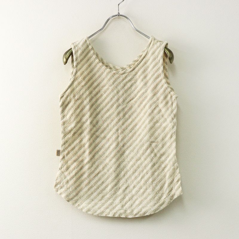 USAATO うさと 手織り 手紡ぎ 平織り 斜めボーダー ノースリーブカットソー アイボリーXグレー トップス