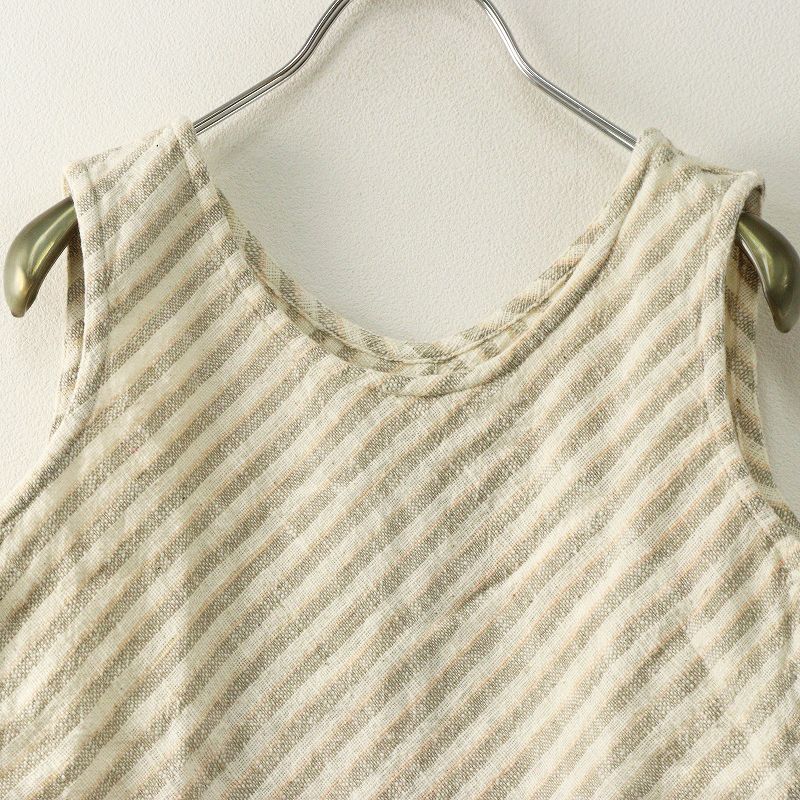  USAATO うさと 手織り 手紡ぎ 平織り 斜めボーダー ノースリーブカットソー アイボリーXグレー トップス アンサンブル トップス
