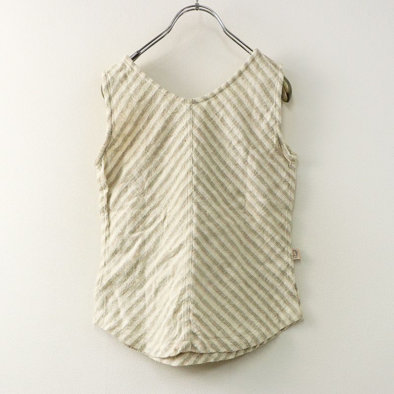 USAATO うさと 手織り 手紡ぎ 平織り 斜めボーダー ノースリーブカットソー アイボリーXグレー トップス