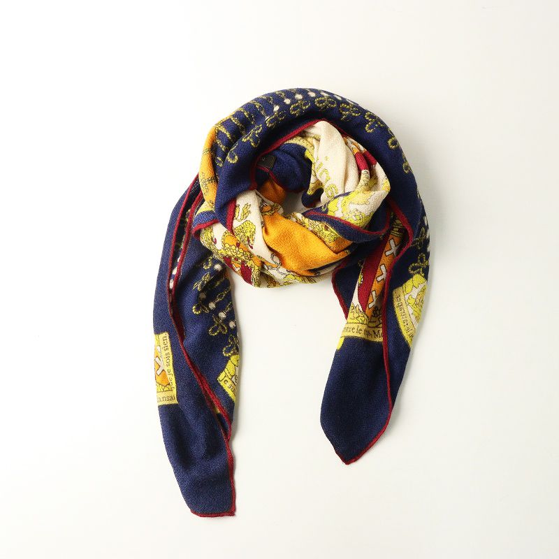 マニプリ manipuri ウールシルク 人気 大判スカーフ 総柄 ネイビー