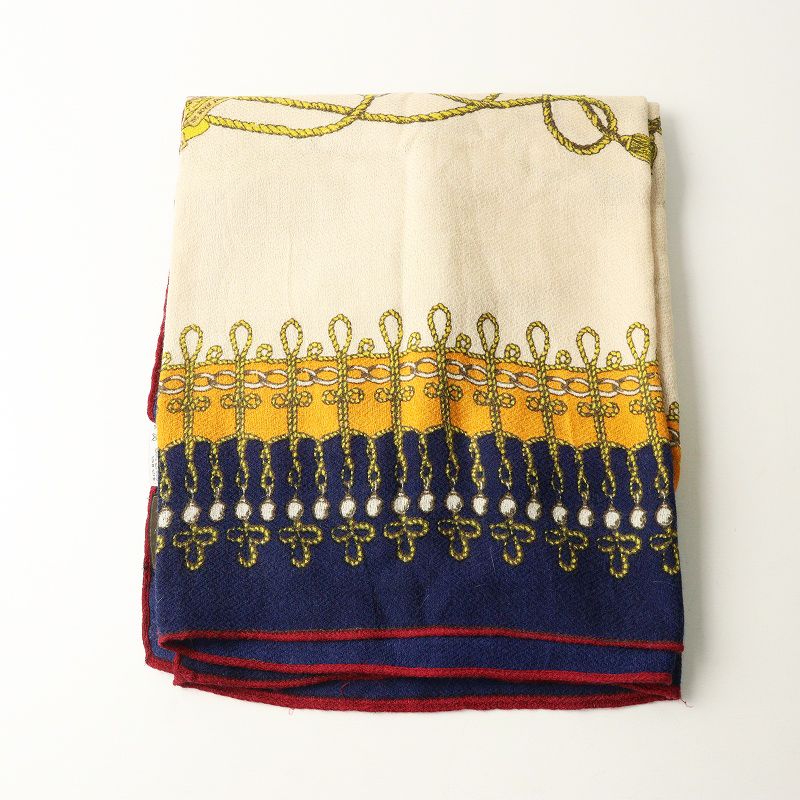 マニプリ manipuri ウールシルク 大判スカーフ 総柄 ネイビー×ベージュ