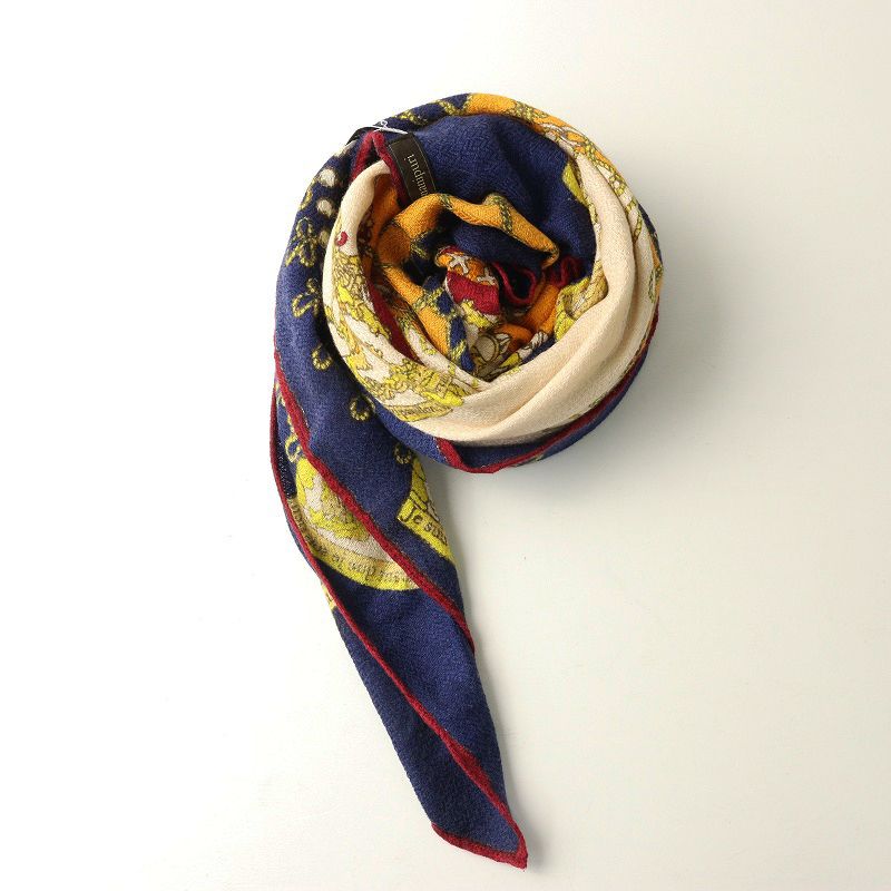 マニプリ manipuri ウールシルク 大判スカーフ 総柄 ネイビー×ベージュ