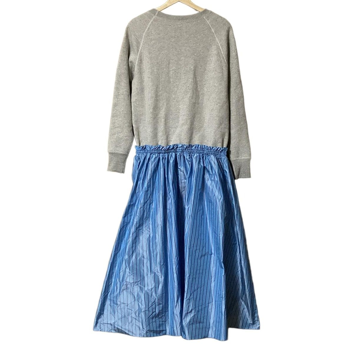 ドゥロワー ワンピース レディース - ライトグレー×ブルーグレー×パープル クルーネック 長袖 ロング シルク 異素材切替 ストライプ