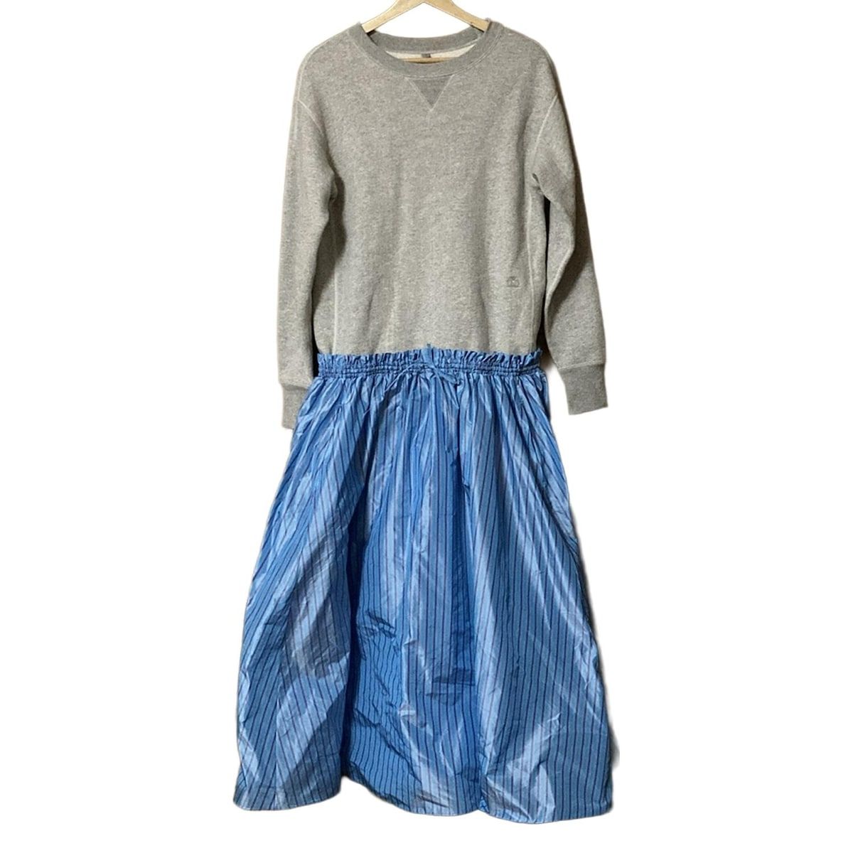 ドゥロワー ワンピース レディース - ライトグレー×ブルーグレー×パープル クルーネック 長袖 ロング シルク 異素材切替 ストライプ