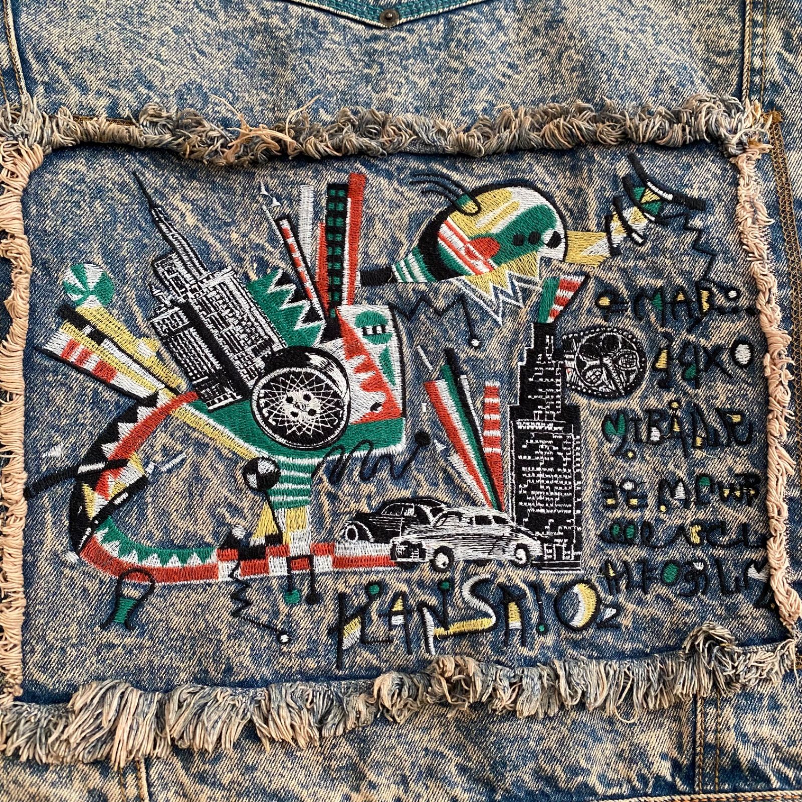 KANSAI O2 山本寛斎　80's ヴィンテージ　デニムジャケット　刺繍 kansai o2 山本寛斎 デニムジャケット 短丈 アート 刺繍 平成 y2k