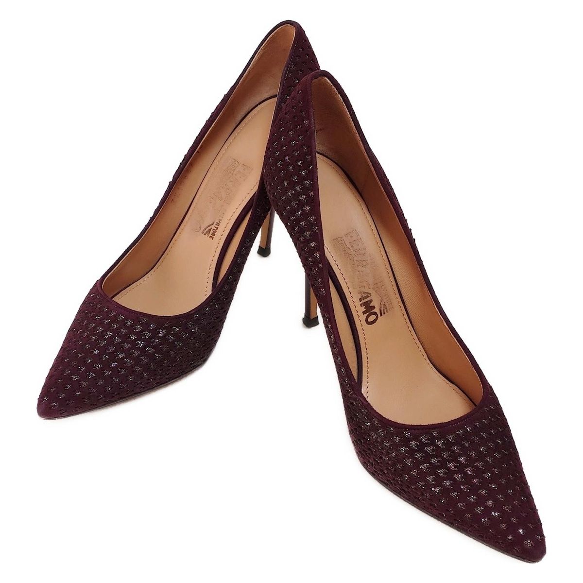 サルバトーレフェラガモ パンプス 8 1 2 D レディース - ダークブラウン×シルバー ラメ アウトソール張替済