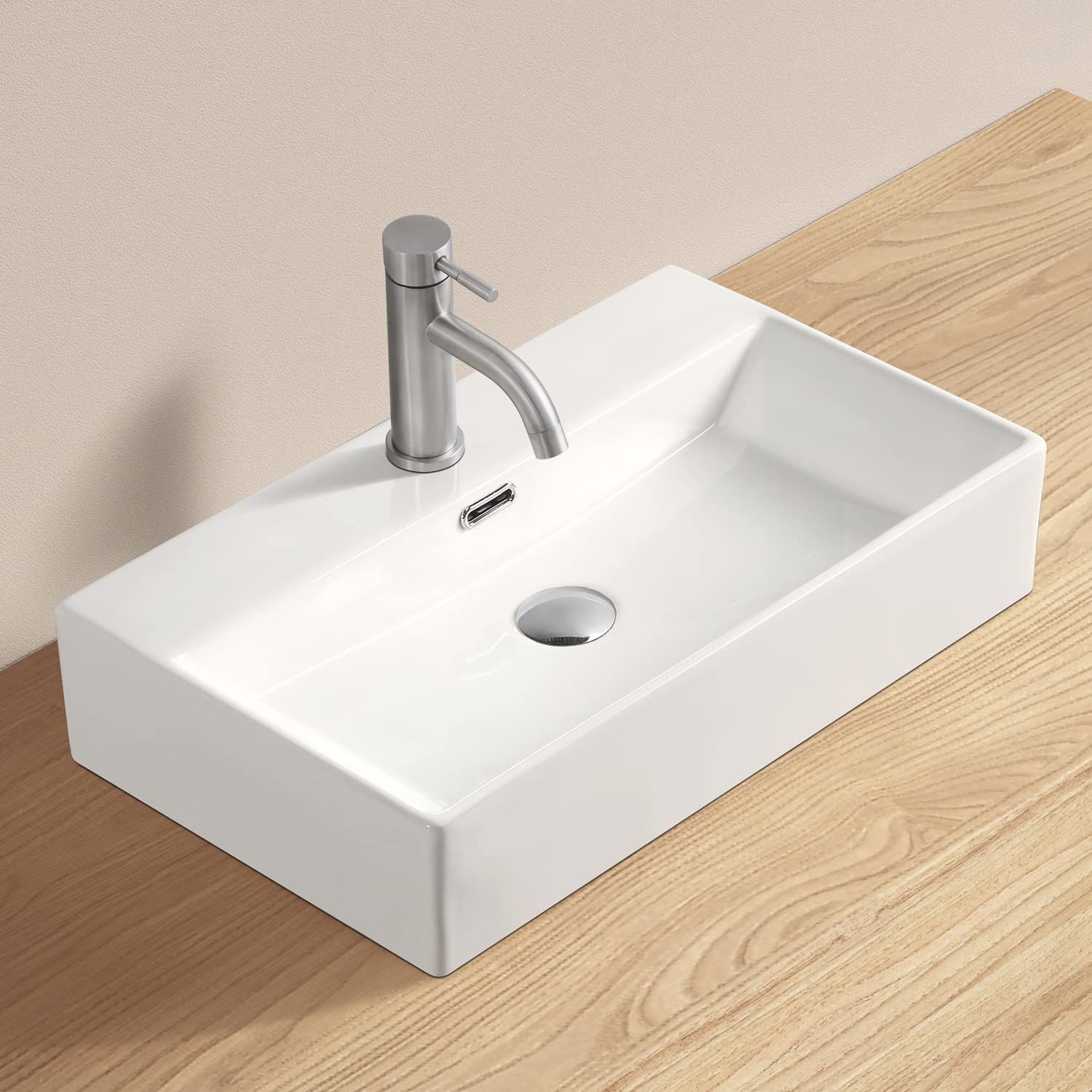 混合水栓付き 大型 洗面ボウル 605 360 130 mm 洗面台 洗面ボールセット 置き型 陶器製 手洗い器 手洗いボウル 長方形