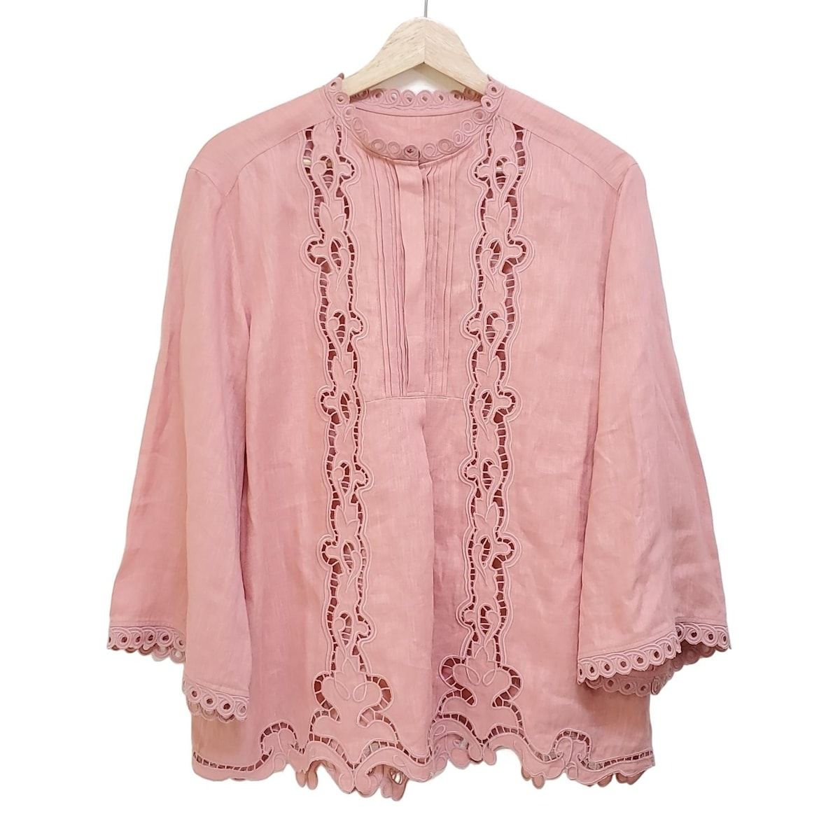 Leilian レリアン チュニック サイズ11 M レディース - サーモンピンク 七分袖 麻 レース 刺繍