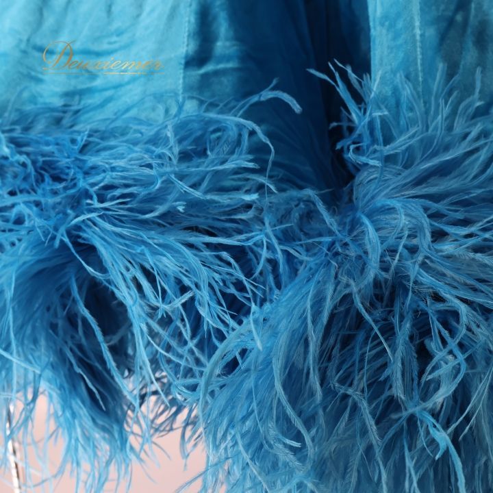 社交ダンス 衣装 ドレス ワンピース ファー イングランド製 ベロア 感 デモ 競技 ダンス パーティ 発表会 水色 青 黒 ブルー系 ブラック系 ふんわり スカート 女性用 大人用 フェザー コスチューム パーティー衣装 豪華装飾