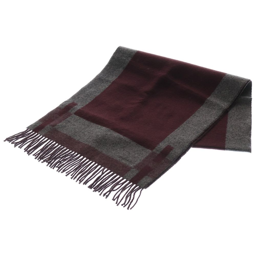 HERMES エルメス Hパッサント フランネル×グルナ フリンジ付カシミヤマフラー グレー|ワインレッド