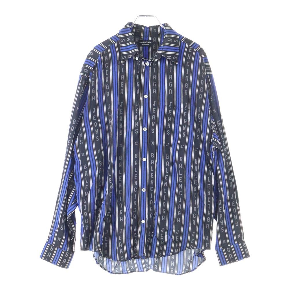 バレンシアガ ロゴ ストライプ総柄プリント レーヨン ボタンダウン 長袖シャツ ブラック|ブルー 627023