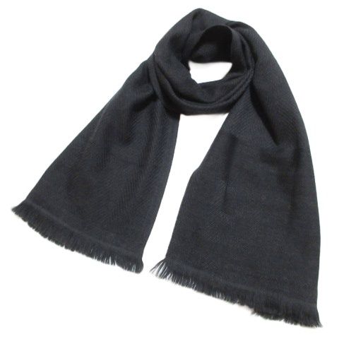 フェンディ FENDI ウールマフラー フリンジ ロゴ チャコールグレー X