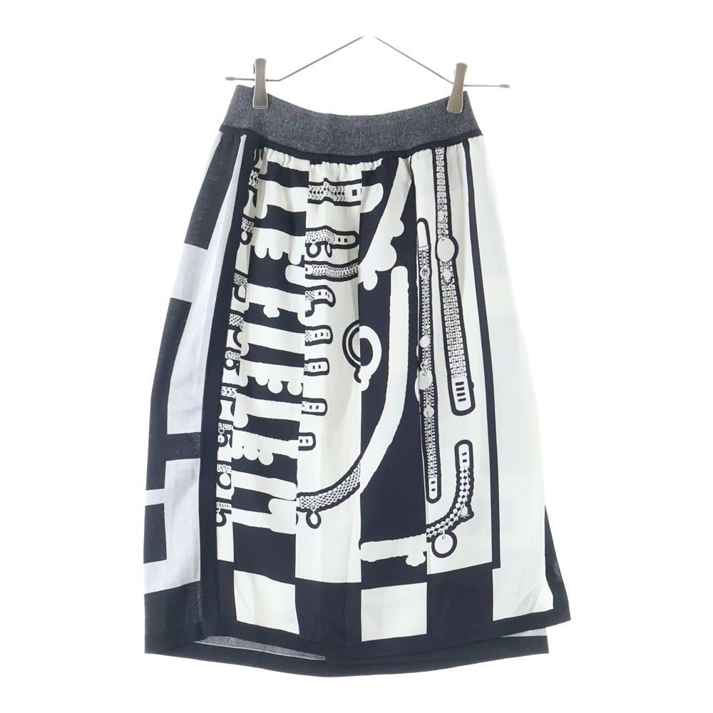 HERMES エルメス Le Tresorde Medor Rayure Twilen ツイルレーヌ総柄ニット切替シルクスカート ホワイト ブラック