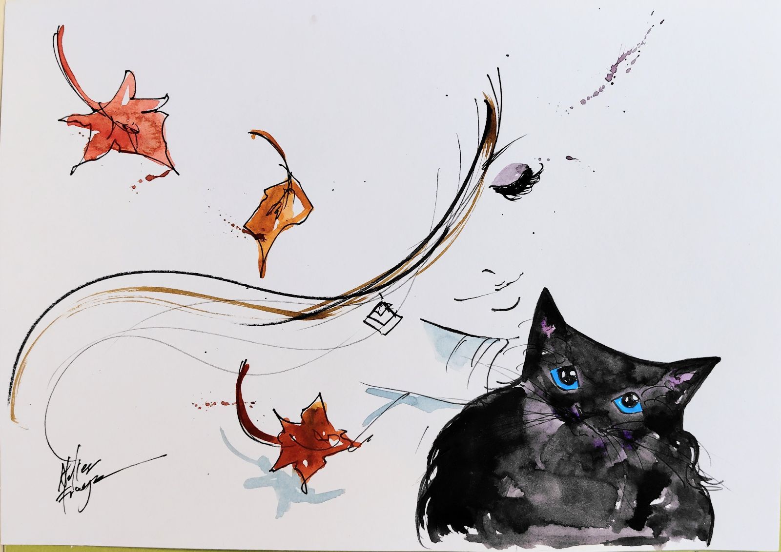 原画#3097　黒猫　猫　薔薇　花　水彩画　ドローイング　インテリア　アート　絵 原画#3097 黒猫 猫 薔薇 花 水彩画 ドローイング インテリア アート 絵