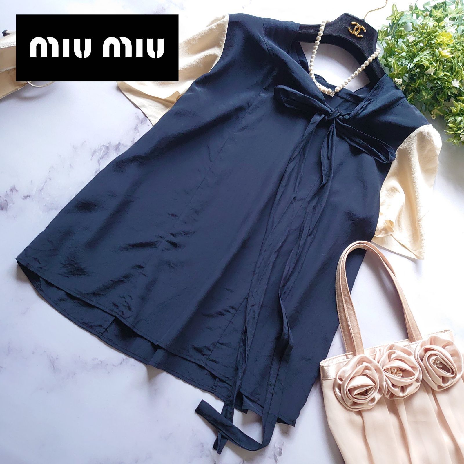 ミュウミュウ ボウタイブラウス 半袖 リボン シルク バイ M相当