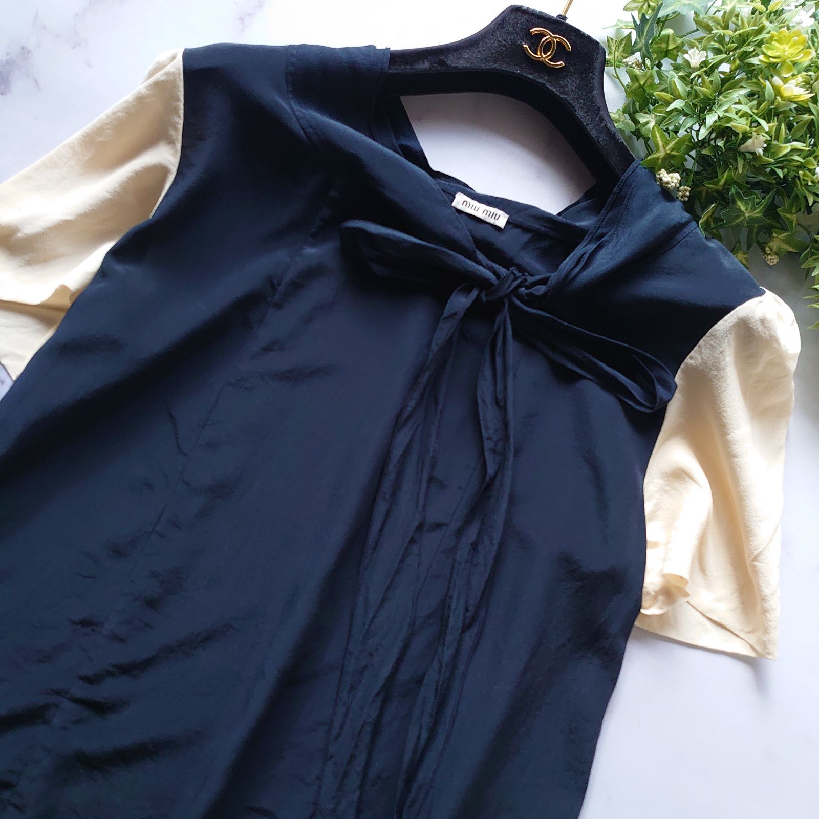 ミュウミュウ ボウタイブラウス 半袖 リボン シルク バイ M相当