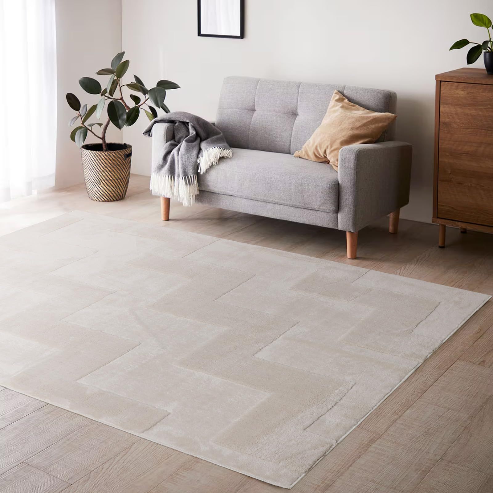 洗える ジャカード織りラグ 北欧風カーペット 軽量タイプ オールシーズン対応 柔らかい ラグマット ズレにくい カーペット 正方形 約2.1畳 ステップ柄 ベージュ