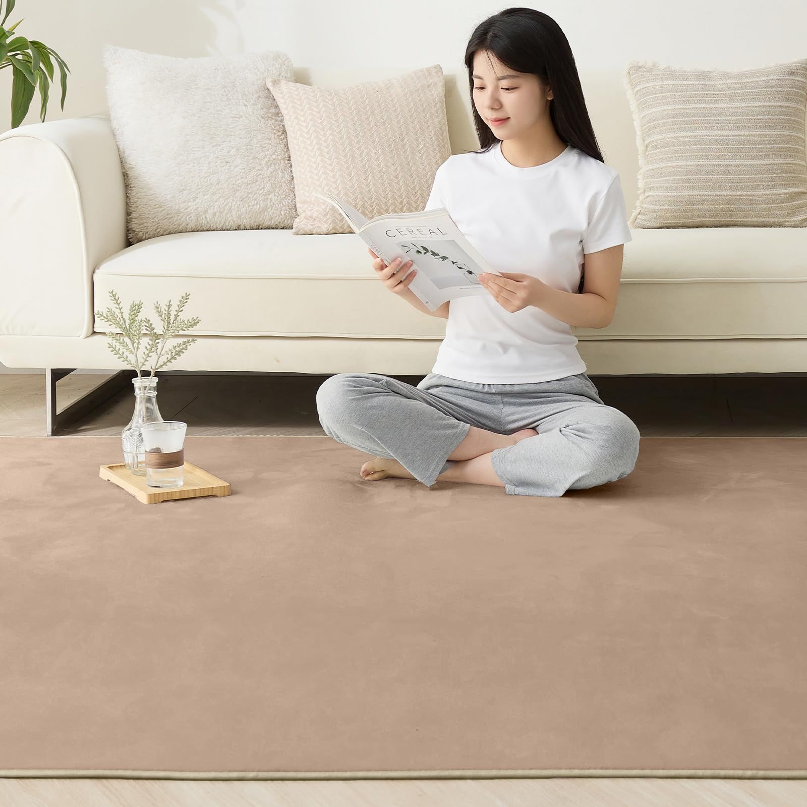 Softime カーペット ラグ ラグマット 200 250 cm 約3畳 絨毯 滑り止め付 ラグカーペット 軽量設計 洗える 地毯 抗菌 防臭 防ダニ フランネルラグ オールシーズン 床暖房 ホットカーペット対応 無地 モカ