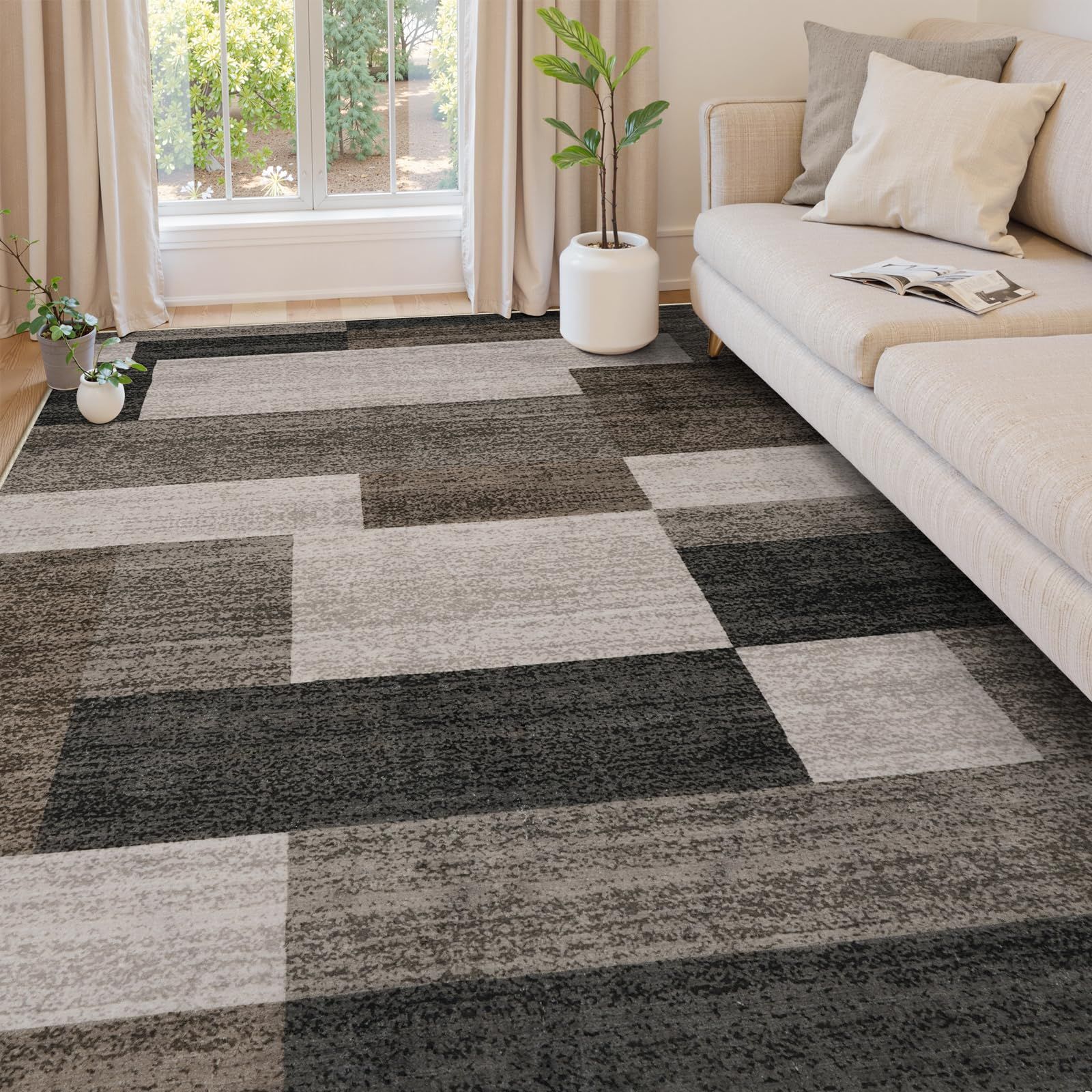 HAOCOO カーペット 洗える 200 X 300 cm ラグ 2畳 北欧風 ホットカーペット対応 モダン ふわふわ 滑り止め 防音 抗菌防臭 室内用 正方形 ラグマット オールシーズン適用 モザイク カラーマッチング ブラウン