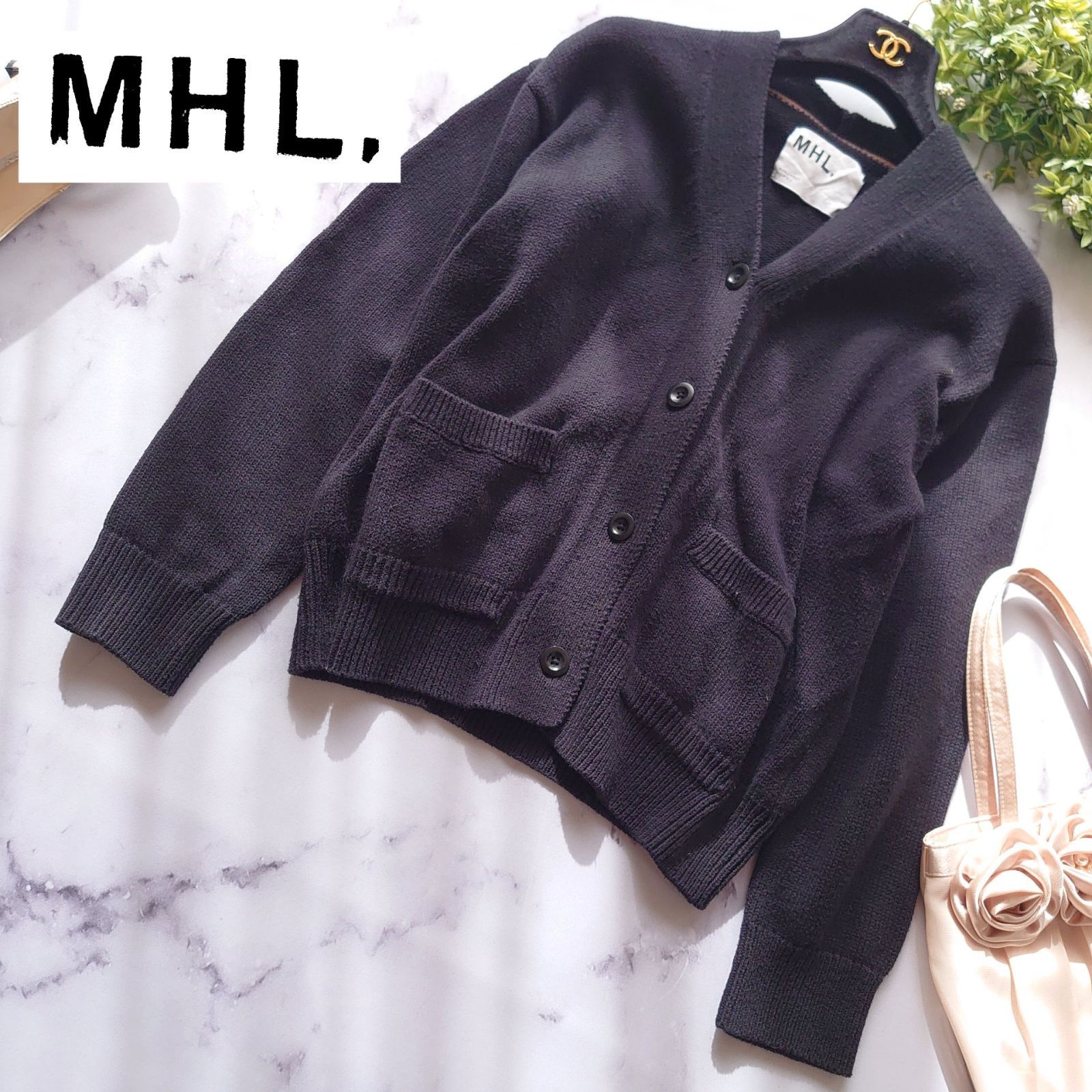 22 AW MHL. 長袖カーディガン ニット コットン Vネック 黒