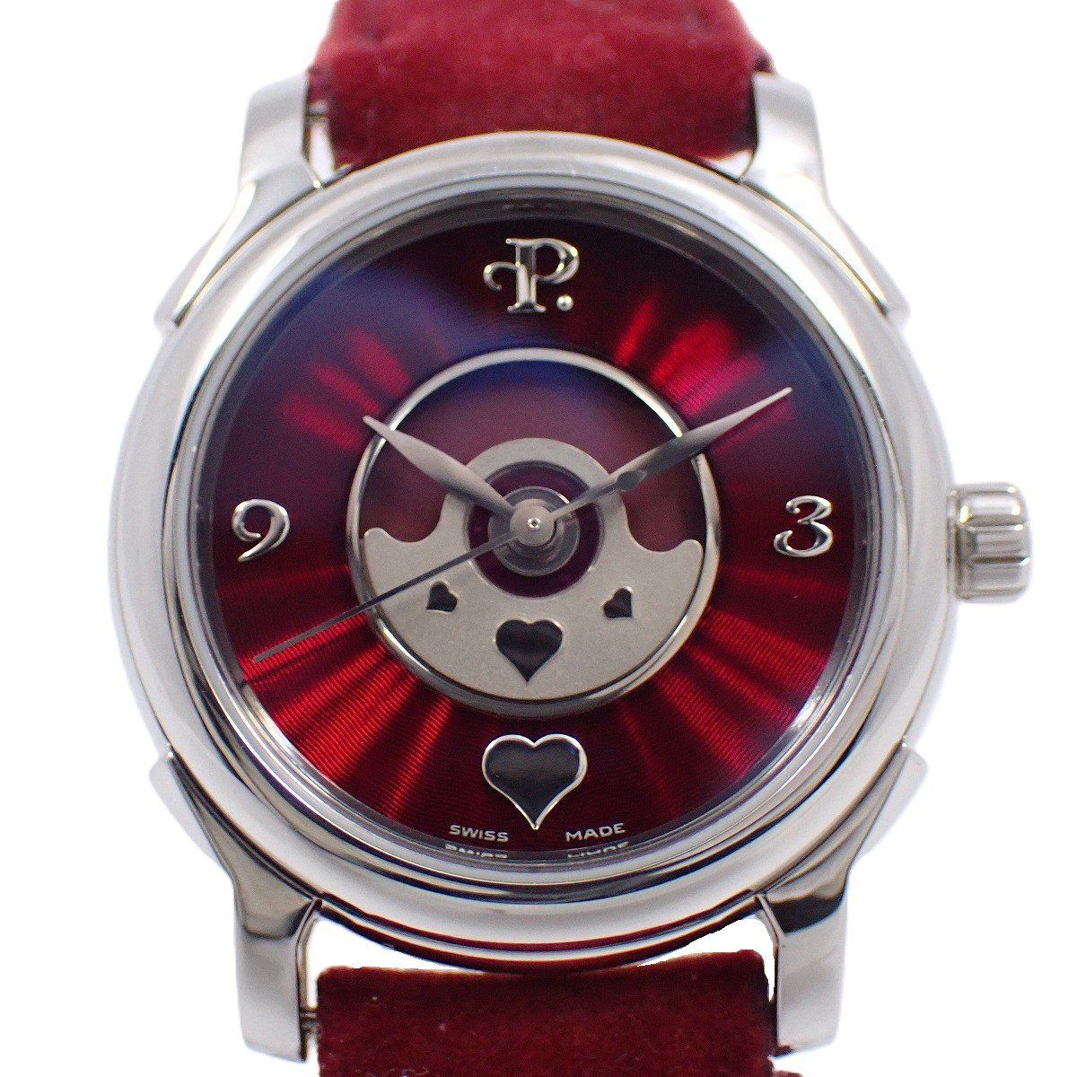 PERRELET ペルレ レディハート ダブルローター 自動巻き レディース 腕時計 赤文字盤 スエードベルト L.HT-SS|R
