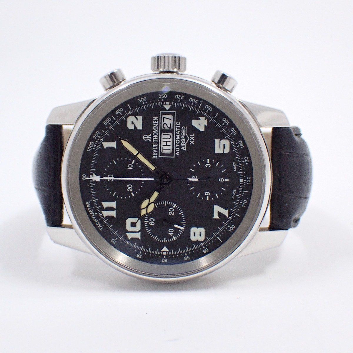 レビュートーメン エアスピードXXL クロノグラフ 自動巻き メンズ 腕時計 黒文字盤 革ベルト 16701 6